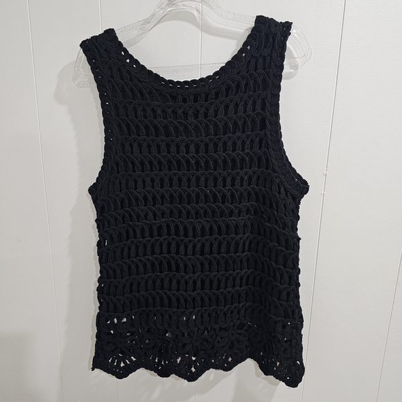 ADIVA Black Crochet Knit Sleeveless Tank Top Lined L Boho Coastal Scalloped Hem - Picture 8 of 8